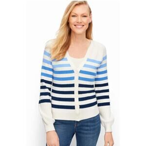 Talbots Womens M Petite White Blue Breton Stripe V Neck Cardigan Sweater NEW